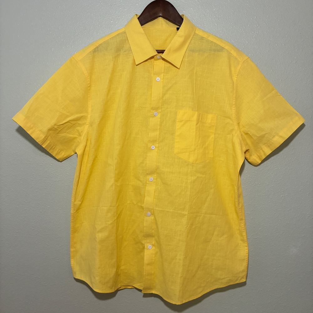 Design In Italy Luxury Mens XL Short Sleeve Button Down Shirt Yellow Slub Textur